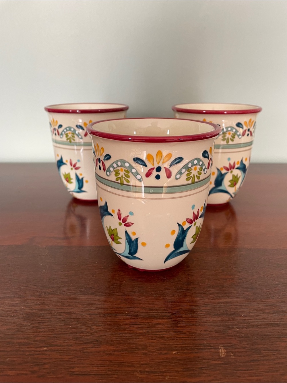 Hand-Painted Ceramic Mug in Cream with Red Rim and Multicolor Floral Motif ,3 - Picture 5 of 6